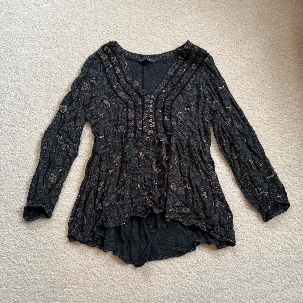 American Eagle Outfitters Black Floral Long Sleeve Peasant Top